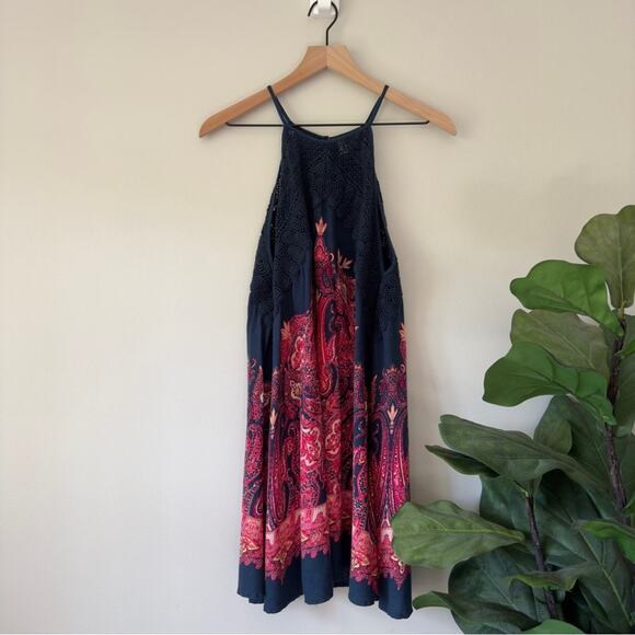 Free People Intimately Boho Paisley Pattern Spaghetti Strap Dress Button Up Lace - Picture 9 of 9